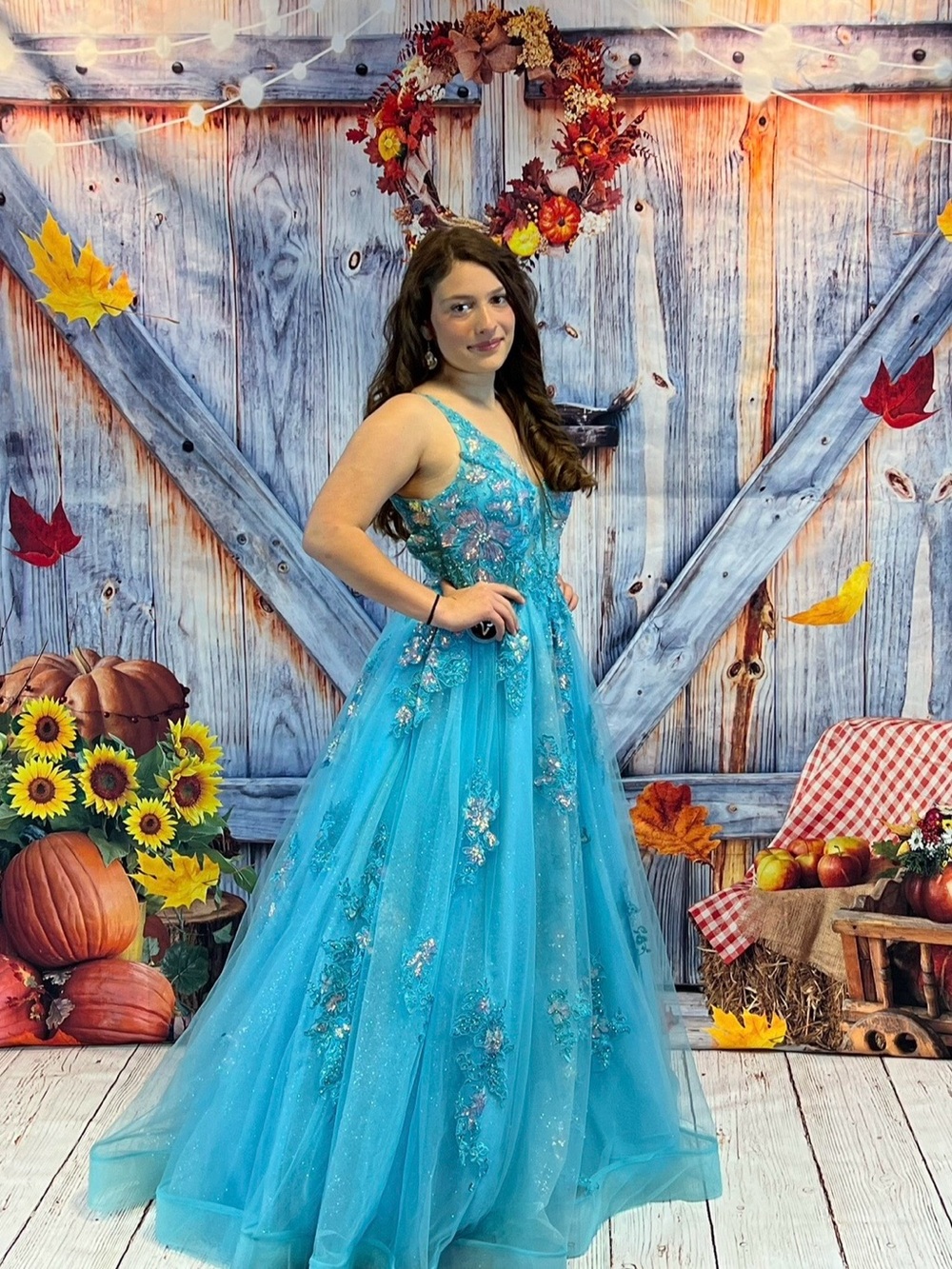 Clarisse Turquoise Blue Prom Dress with Floral Embellishments